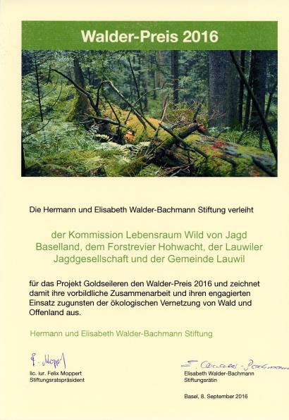 Urkunde Walderpreis 2016